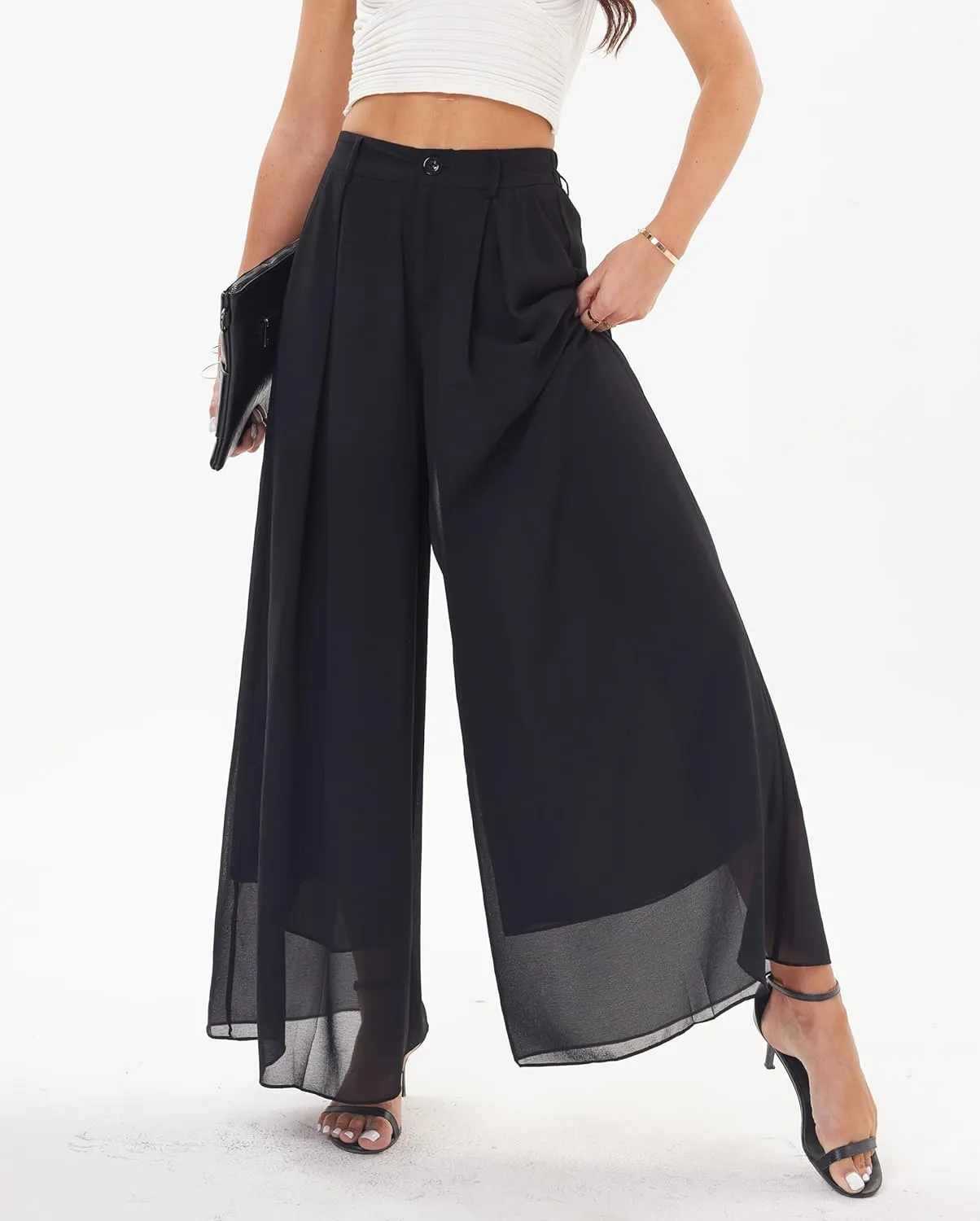 heipeiwa Women's Chiffon Wide Leg Palazzo Pants Flowy Casual Beach Party Dress Long Pants Trouser