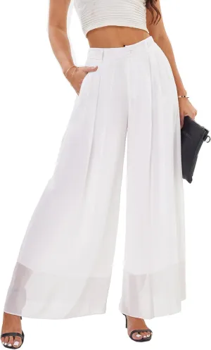 heipeiwa Women's Chiffon Wide Leg Palazzo Pants Flowy Casual Beach Party Dress Long Pants Trouser