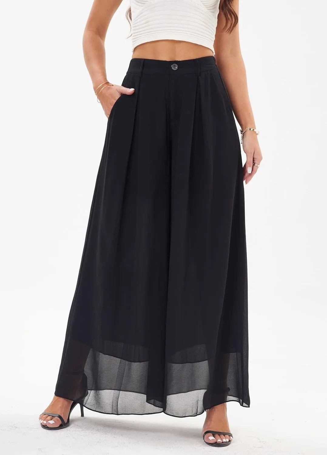 heipeiwa Women's Chiffon Wide Leg Palazzo Pants Flowy Casual Beach Party Dress Long Pants Trouser