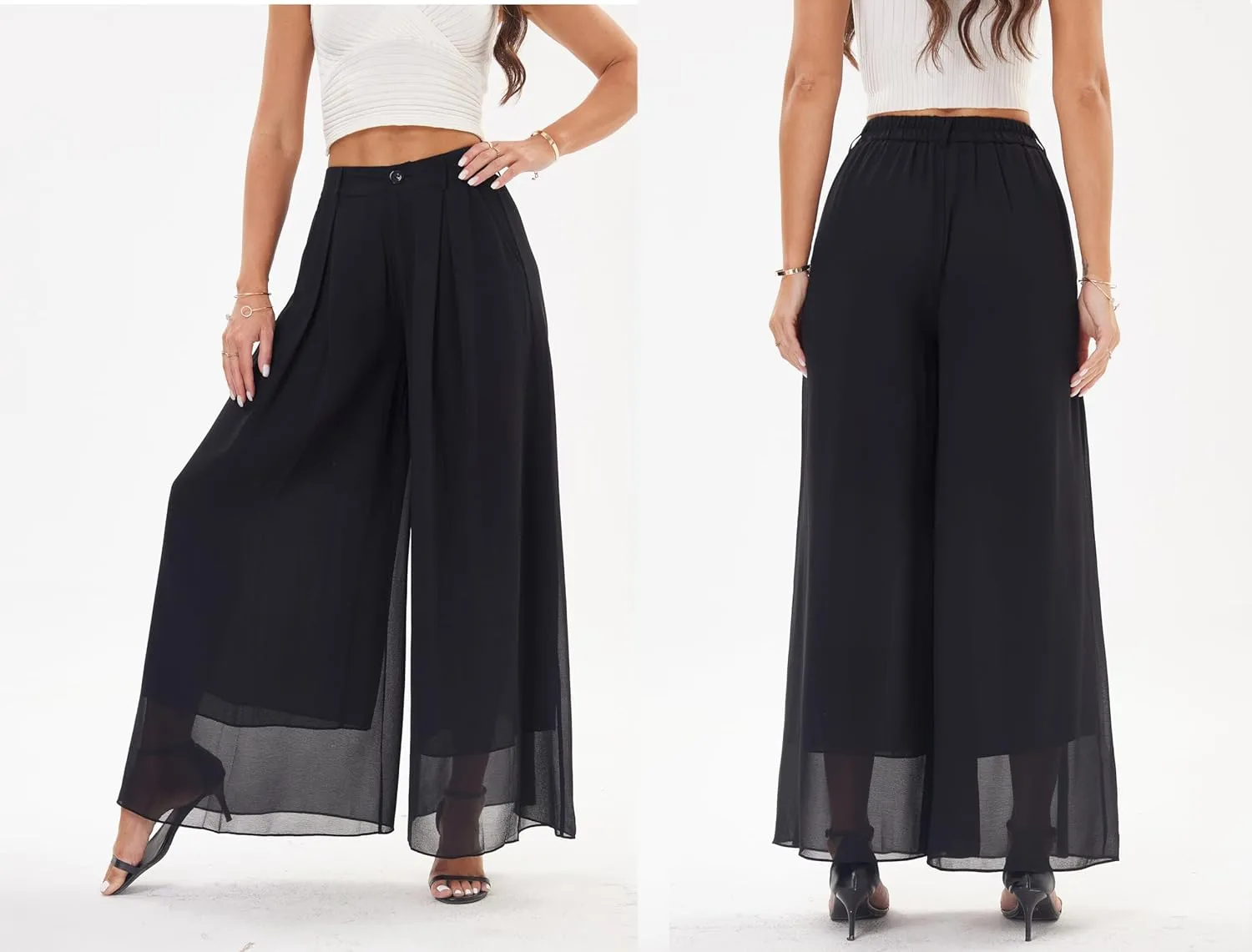 heipeiwa Women's Chiffon Wide Leg Palazzo Pants Flowy Casual Beach Party Dress Long Pants Trouser