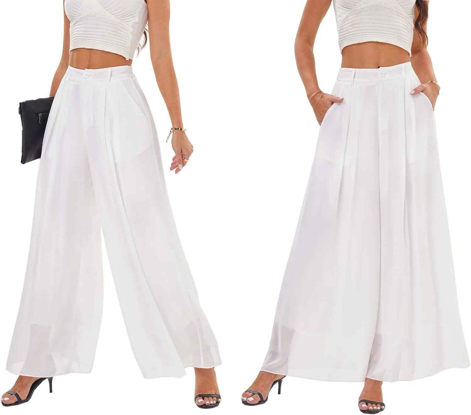 heipeiwa Women's Chiffon Wide Leg Palazzo Pants Flowy Casual Beach Party Dress Long Pants Trouser