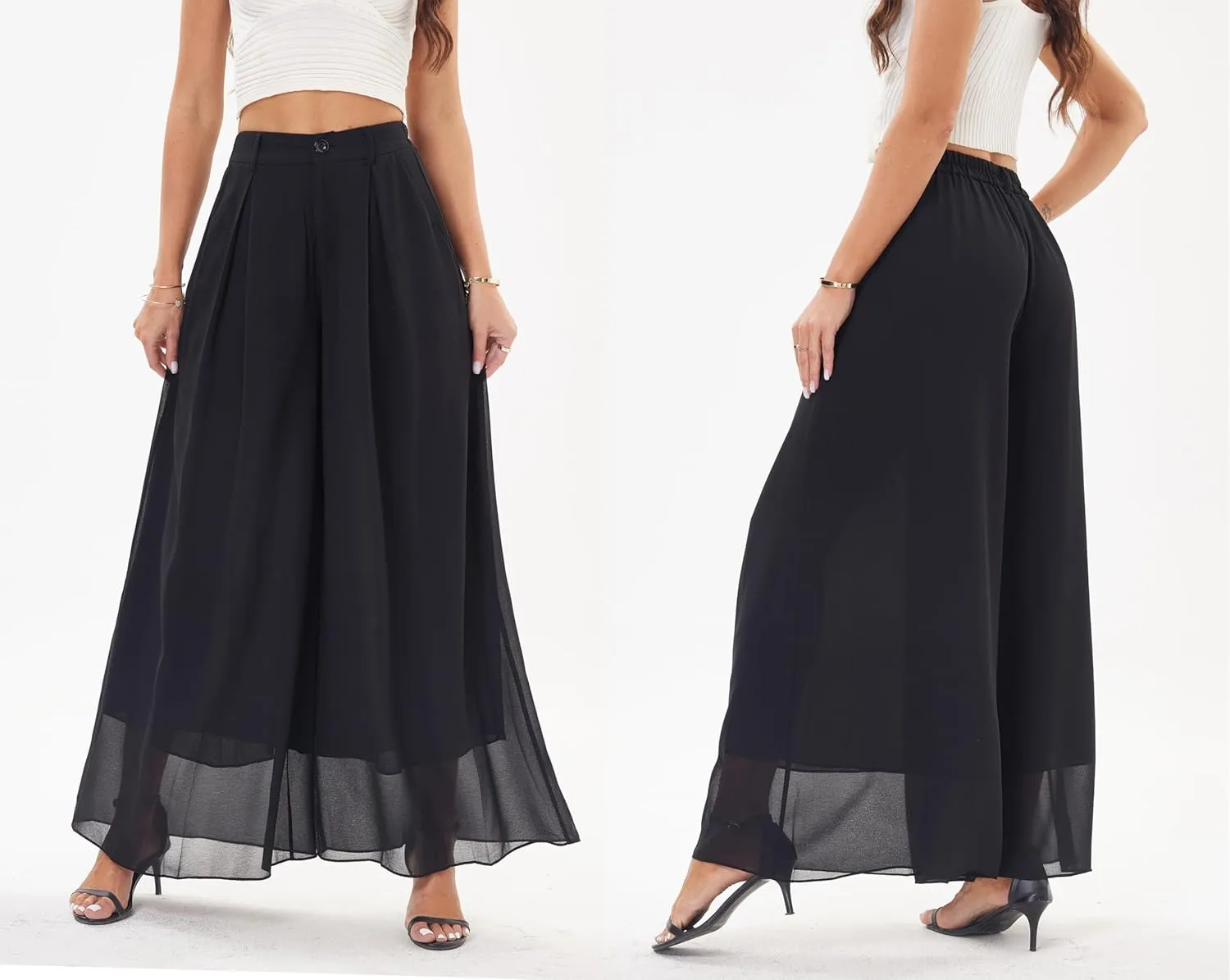 heipeiwa Women's Chiffon Wide Leg Palazzo Pants Flowy Casual Beach Party Dress Long Pants Trouser