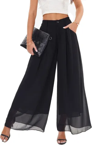 heipeiwa Women's Chiffon Wide Leg Palazzo Pants Flowy Casual Beach Party Dress Long Pants Trouser