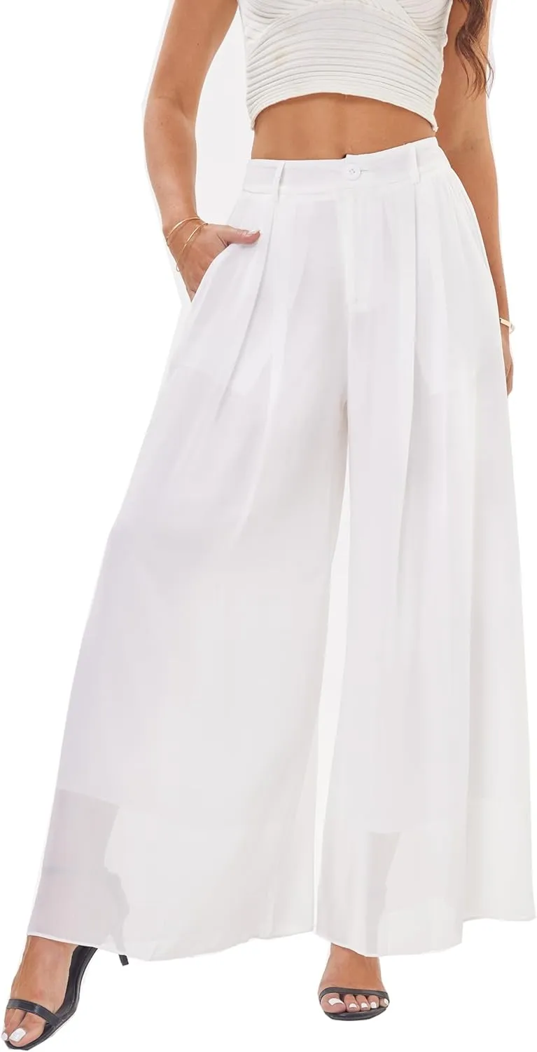 heipeiwa Women's Chiffon Wide Leg Palazzo Pants Flowy Casual Beach Party Dress Long Pants Trouser