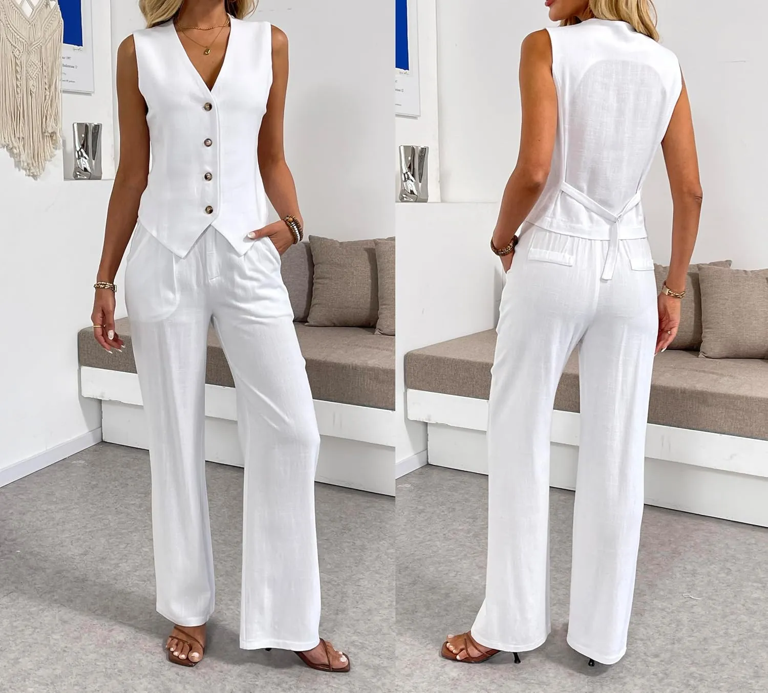 heipeiwa Women's Linen Casual High Waist Wide Leg Straight Dress Cotton Linen Pants Button Trousers