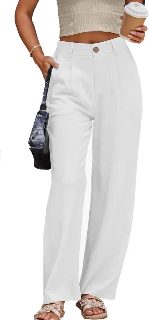 heipeiwa Women's Linen Casual High Waist Wide Leg Straight Dress Cotton Linen Pants Button Trousers