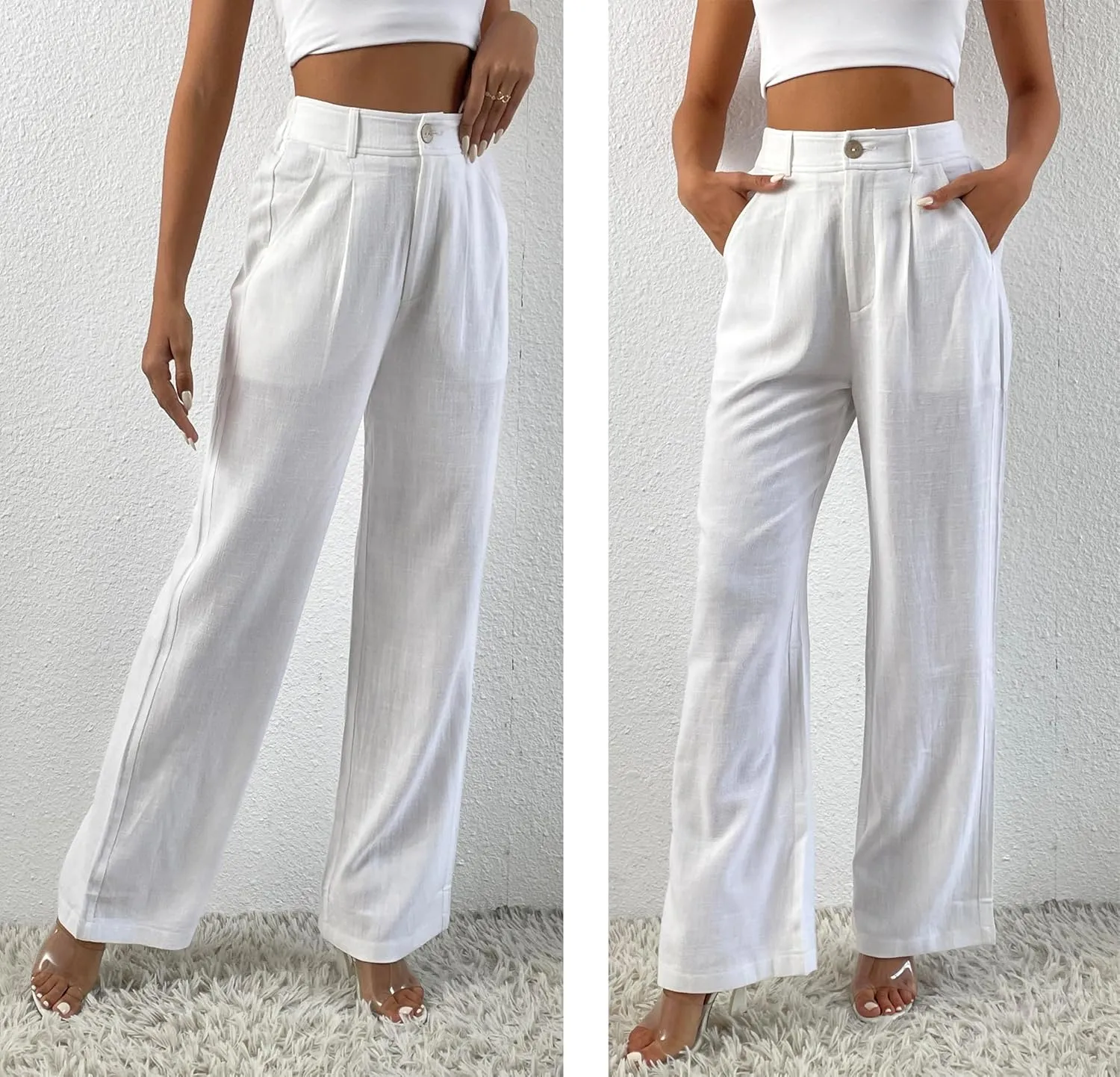 heipeiwa Women's Linen Casual High Waist Wide Leg Straight Dress Cotton Linen Pants Button Trousers