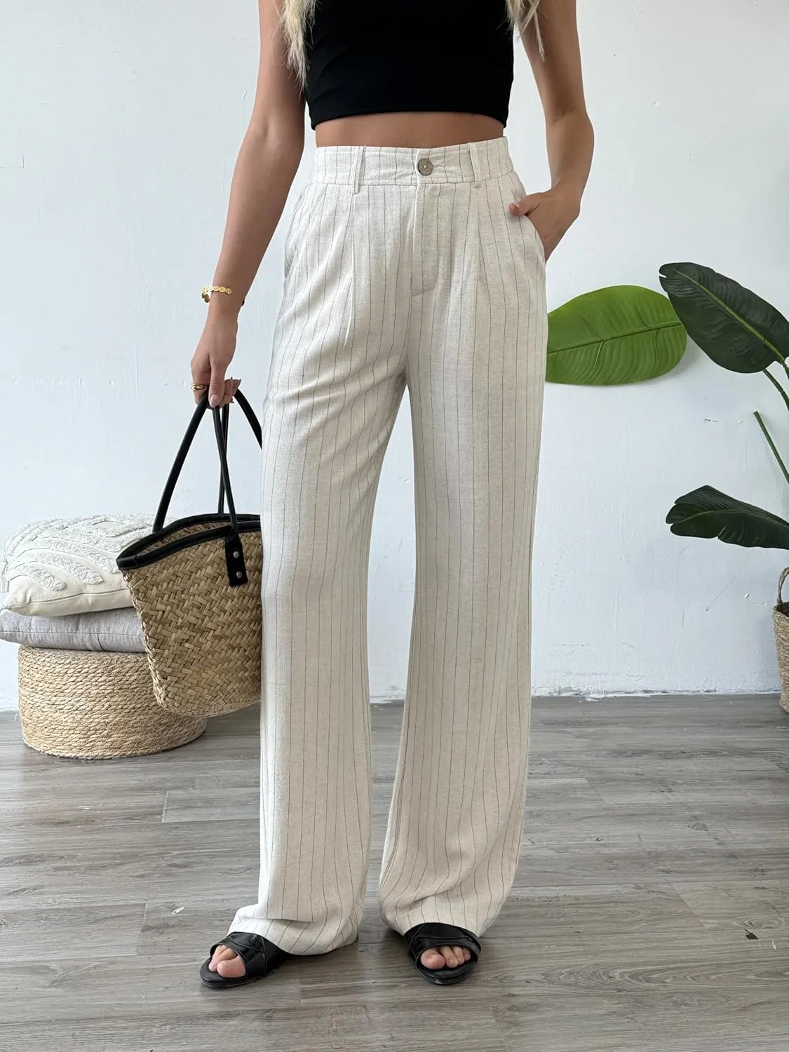heipeiwa Women's Linen Casual High Waist Wide Leg Straight Dress Cotton Linen Pants Button Trousers