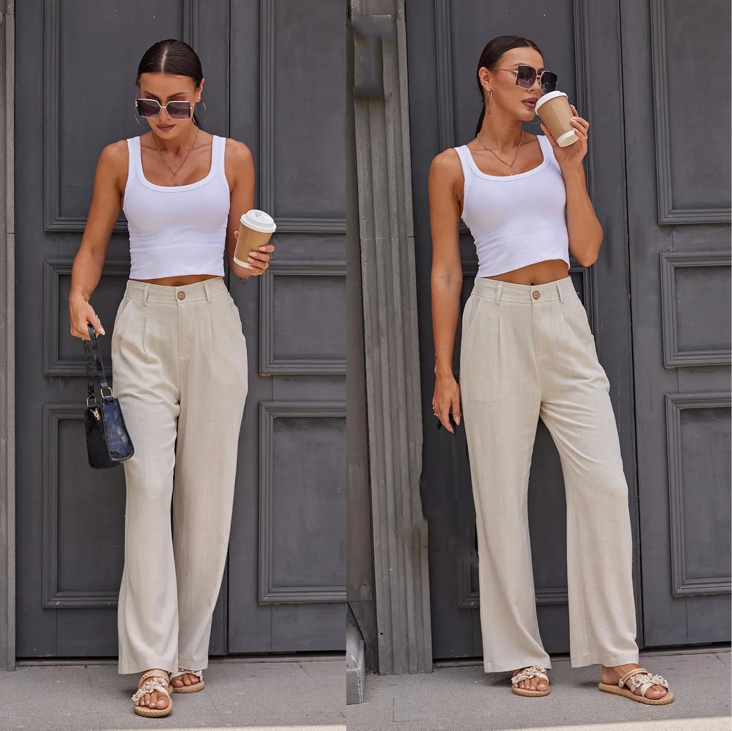 heipeiwa Women's Linen Casual High Waist Wide Leg Straight Dress Cotton Linen Pants Button Trousers