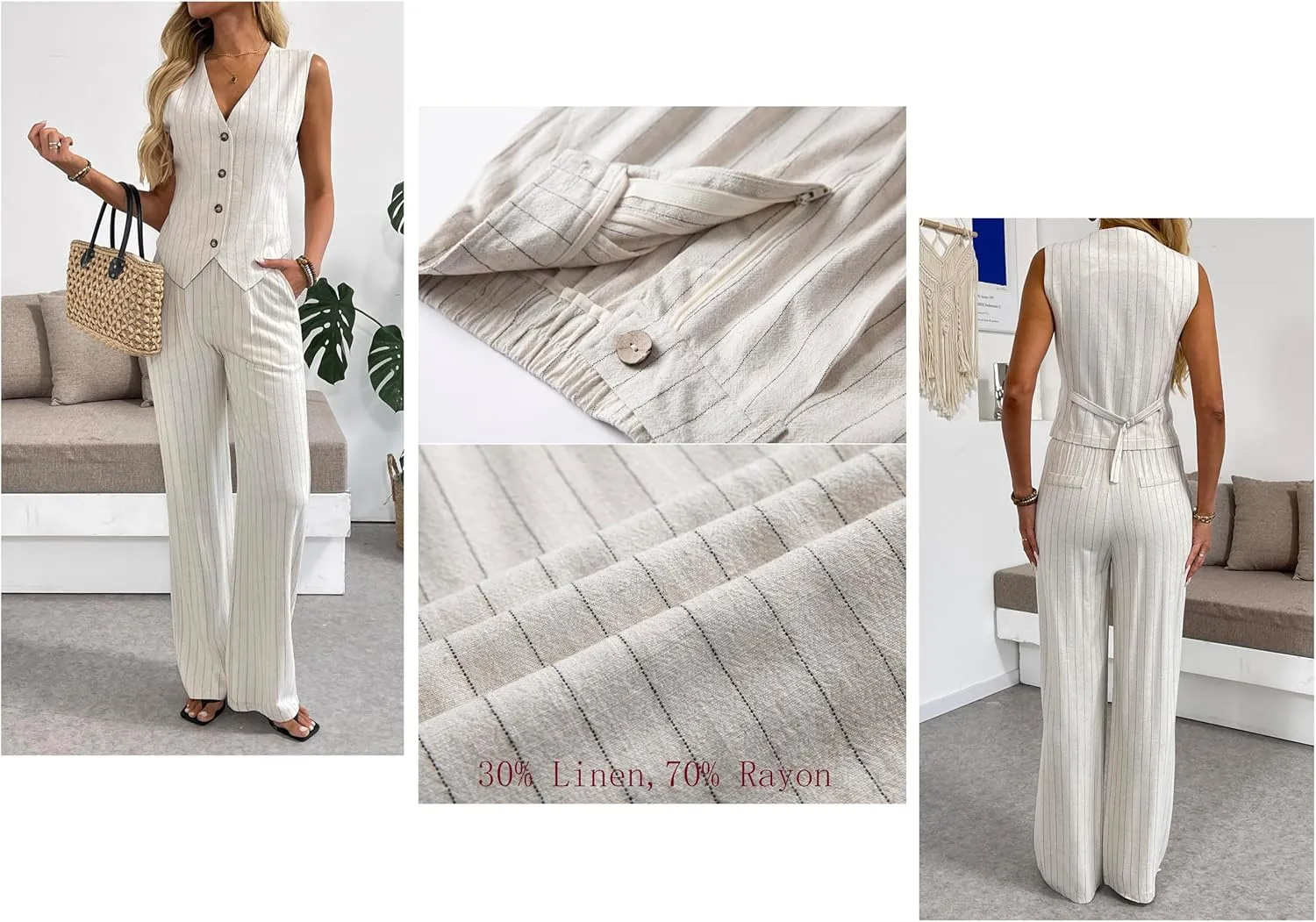 heipeiwa Women's Linen Casual High Waist Wide Leg Straight Dress Cotton Linen Pants Button Trousers