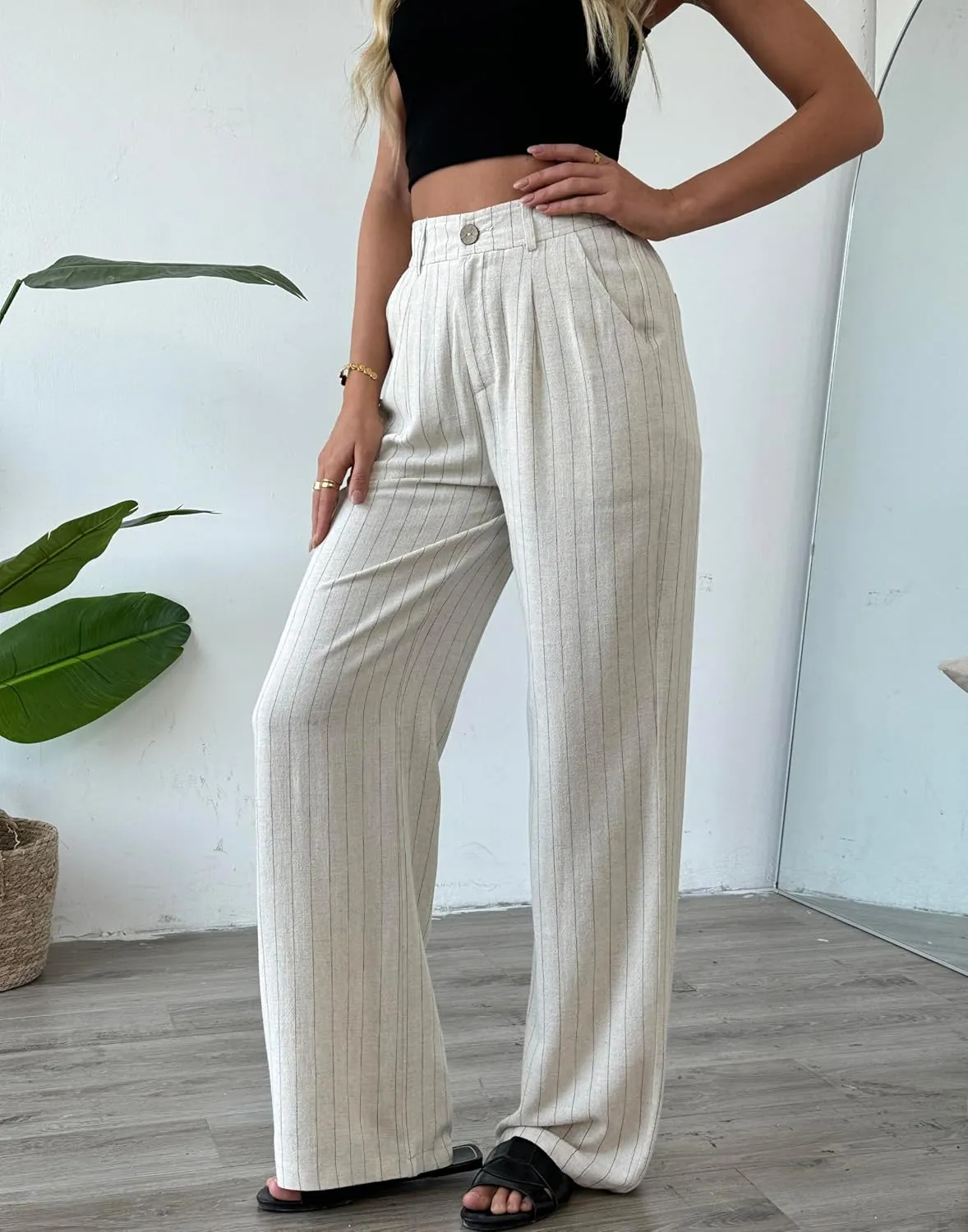 heipeiwa Women's Linen Casual High Waist Wide Leg Straight Dress Cotton Linen Pants Button Trousers