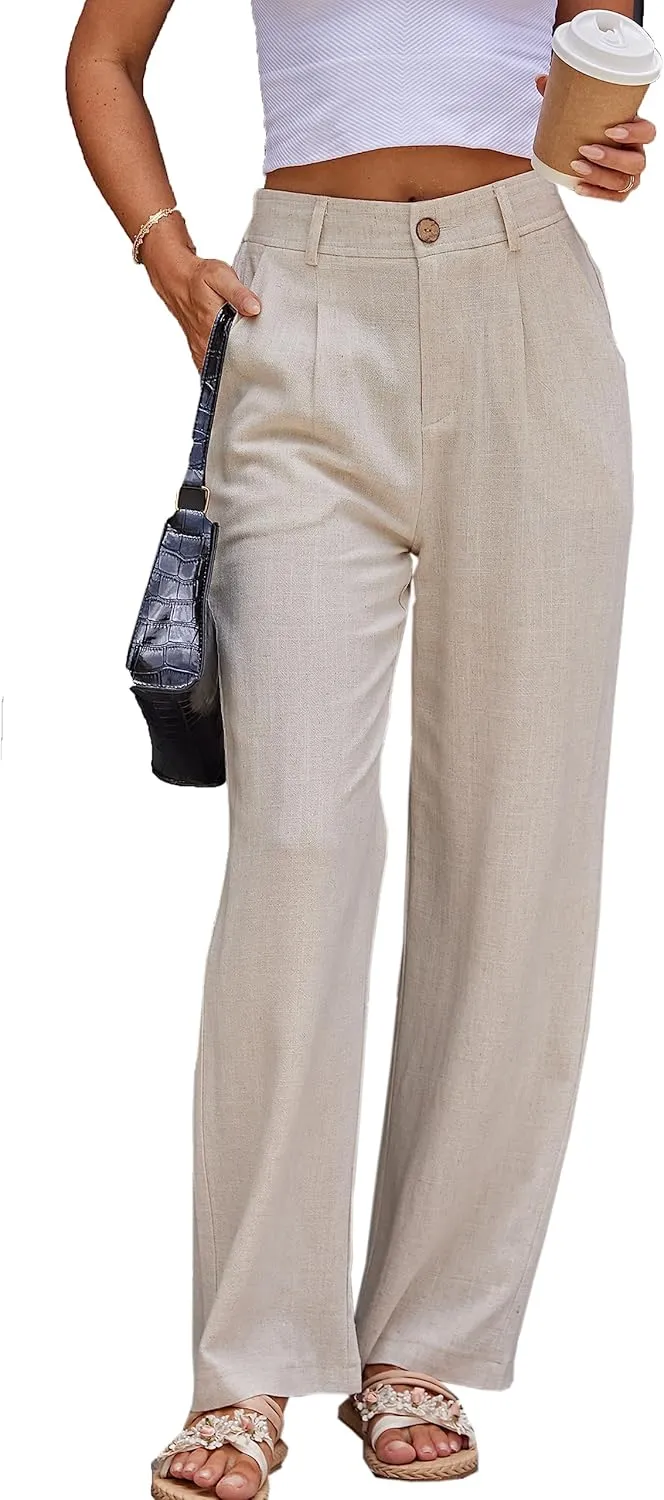 heipeiwa Women's Linen Casual High Waist Wide Leg Straight Dress Cotton Linen Pants Button Trousers