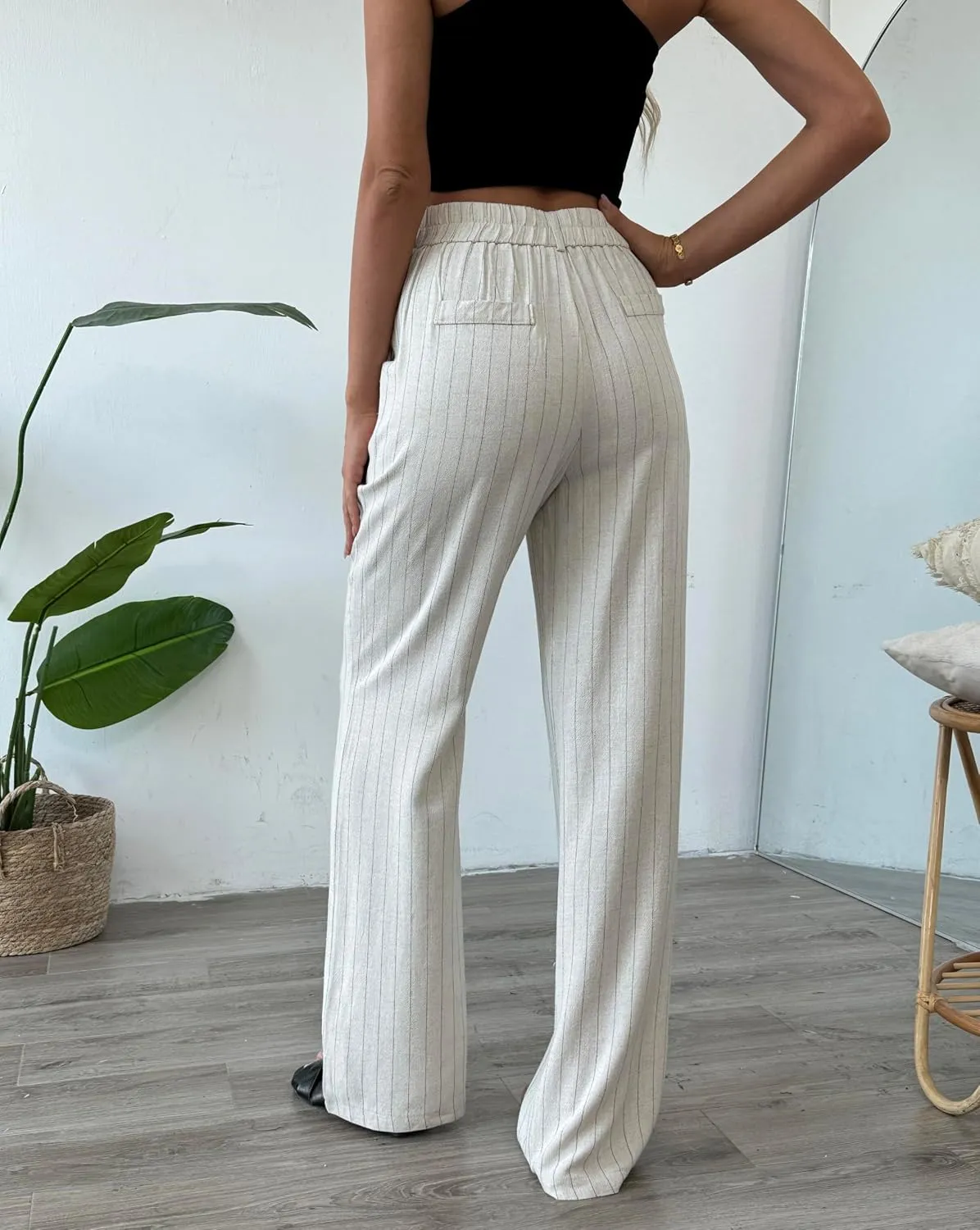heipeiwa Women's Linen Casual High Waist Wide Leg Straight Dress Cotton Linen Pants Button Trousers