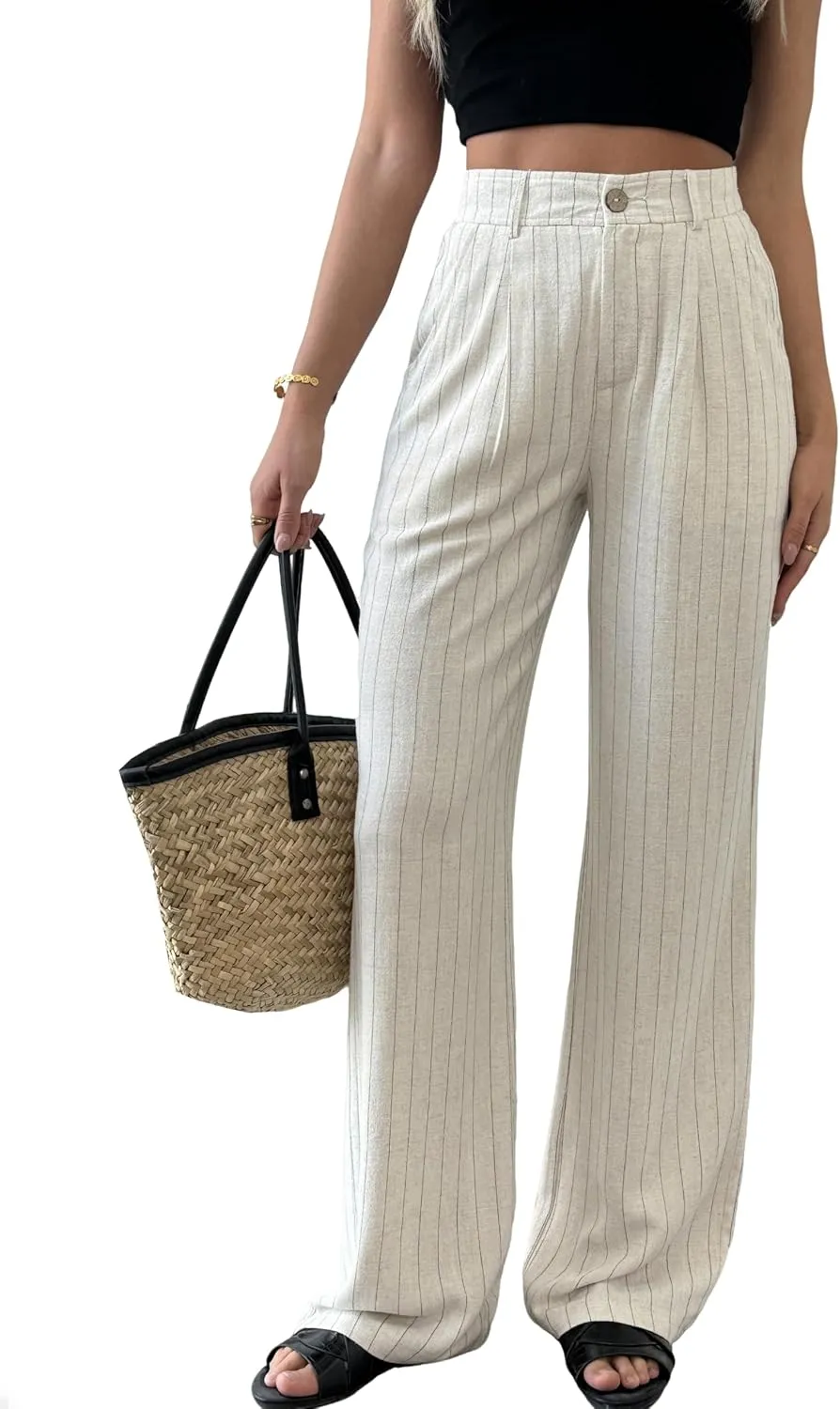 heipeiwa Women's Linen Casual High Waist Wide Leg Straight Dress Cotton Linen Pants Button Trousers
