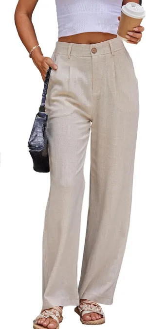 heipeiwa Women's Linen Casual High Waist Wide Leg Straight Dress Cotton Linen Pants Button Trousers