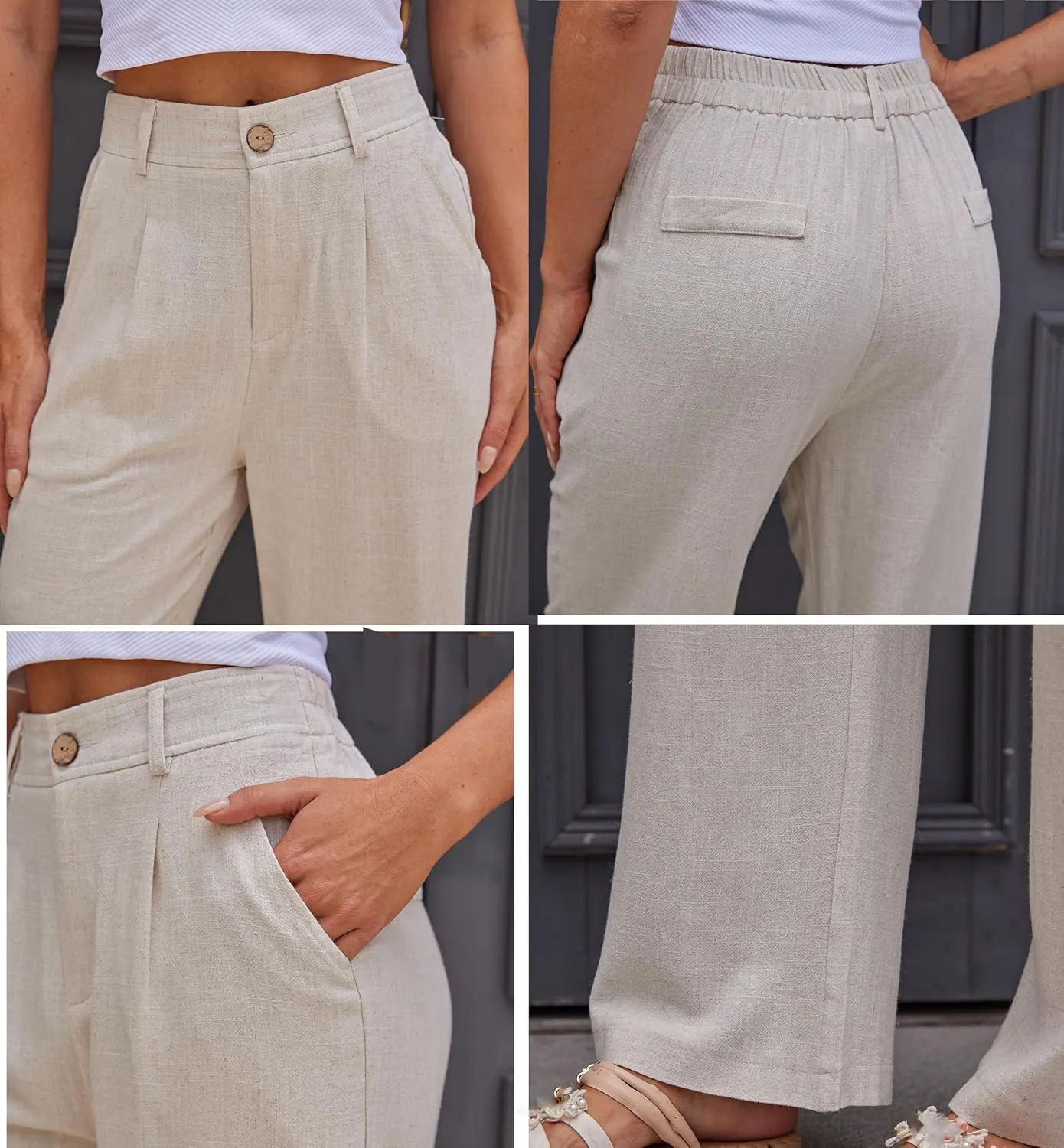 heipeiwa Women's Linen Casual High Waist Wide Leg Straight Dress Cotton Linen Pants Button Trousers