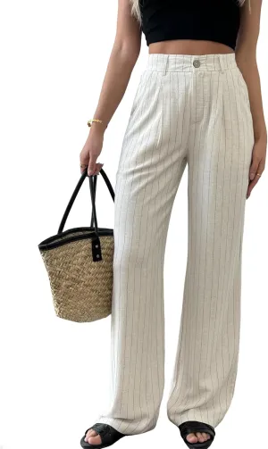 heipeiwa Women's Linen Casual High Waist Wide Leg Straight Dress Cotton Linen Pants Button Trousers