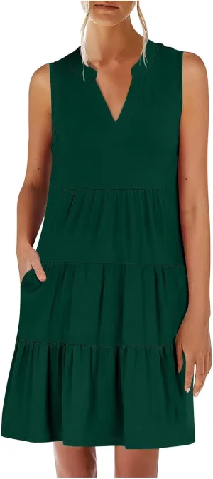 hlysgo Women's Casual Dresses 2025 Summer Beachwear Coverup Peplum Sundress Trendy Sleeveless V Neck Mini Dress with Pockets