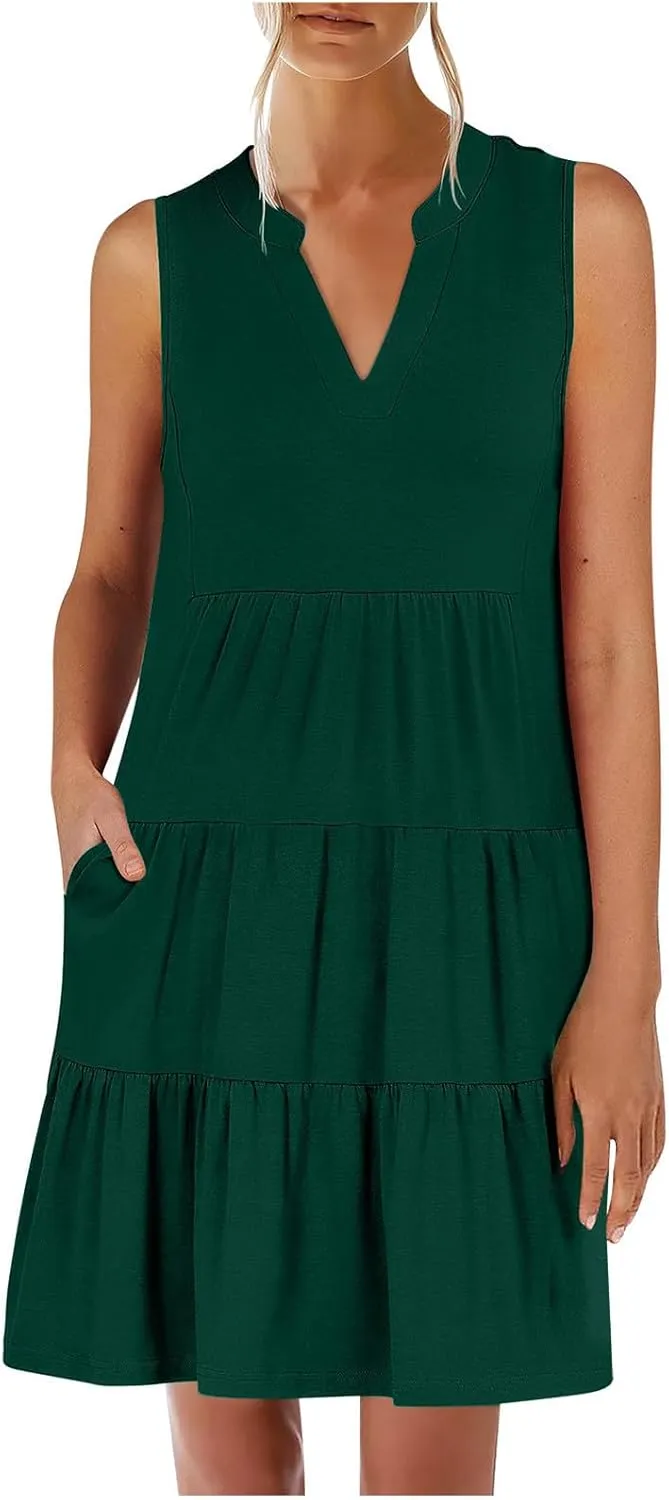 hlysgo Women's Casual Dresses 2025 Summer Beachwear Coverup Peplum Sundress Trendy Sleeveless V Neck Mini Dress with Pockets