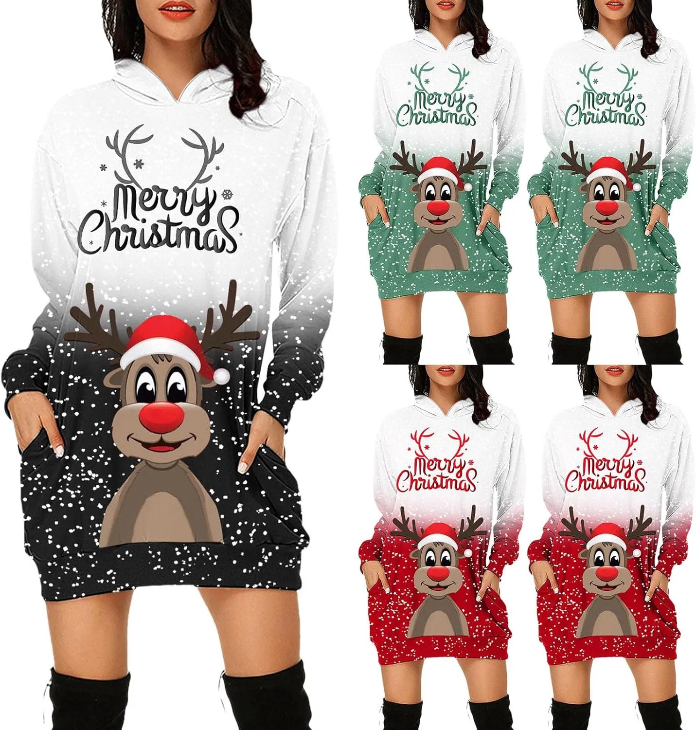 Hoodies Dress for Women Ugly Christmas Print Long Sleeve Casual Loose Long Bodycon Tunic Sweatshirt Dress with Pocket