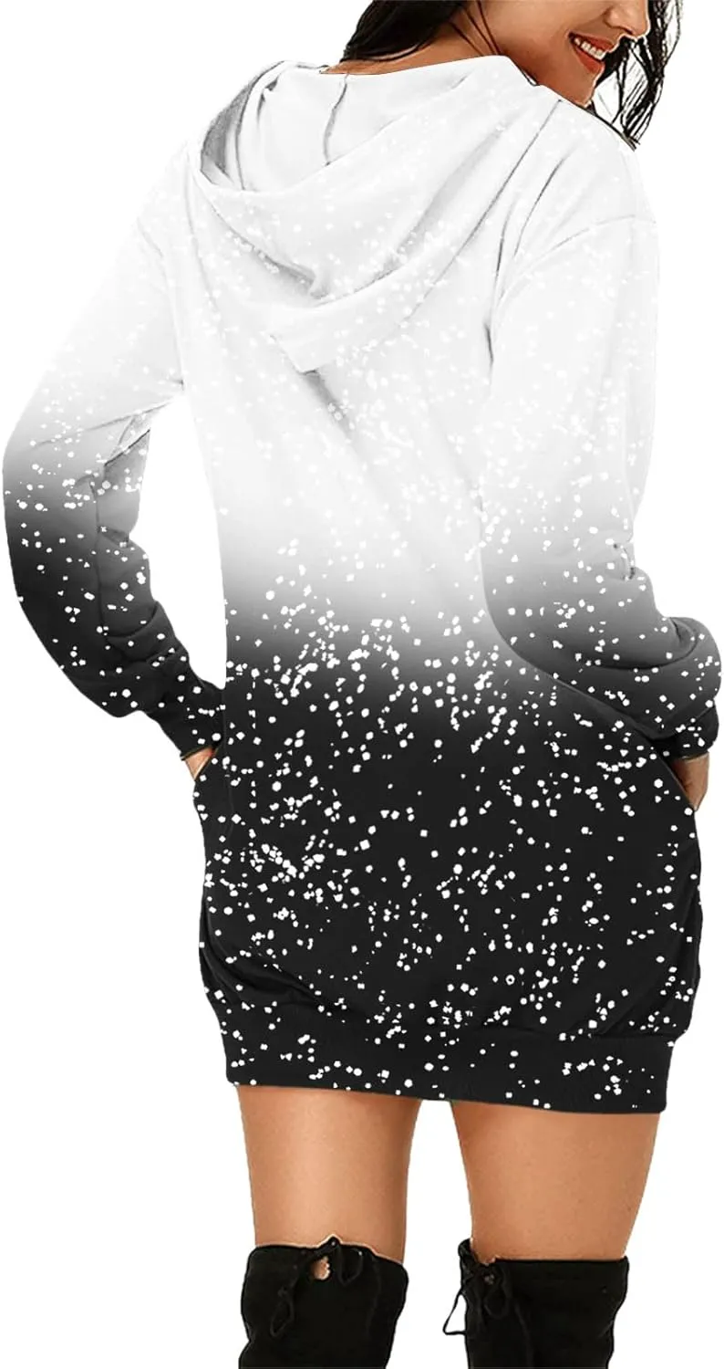 Hoodies Dress for Women Ugly Christmas Print Long Sleeve Casual Loose Long Bodycon Tunic Sweatshirt Dress with Pocket