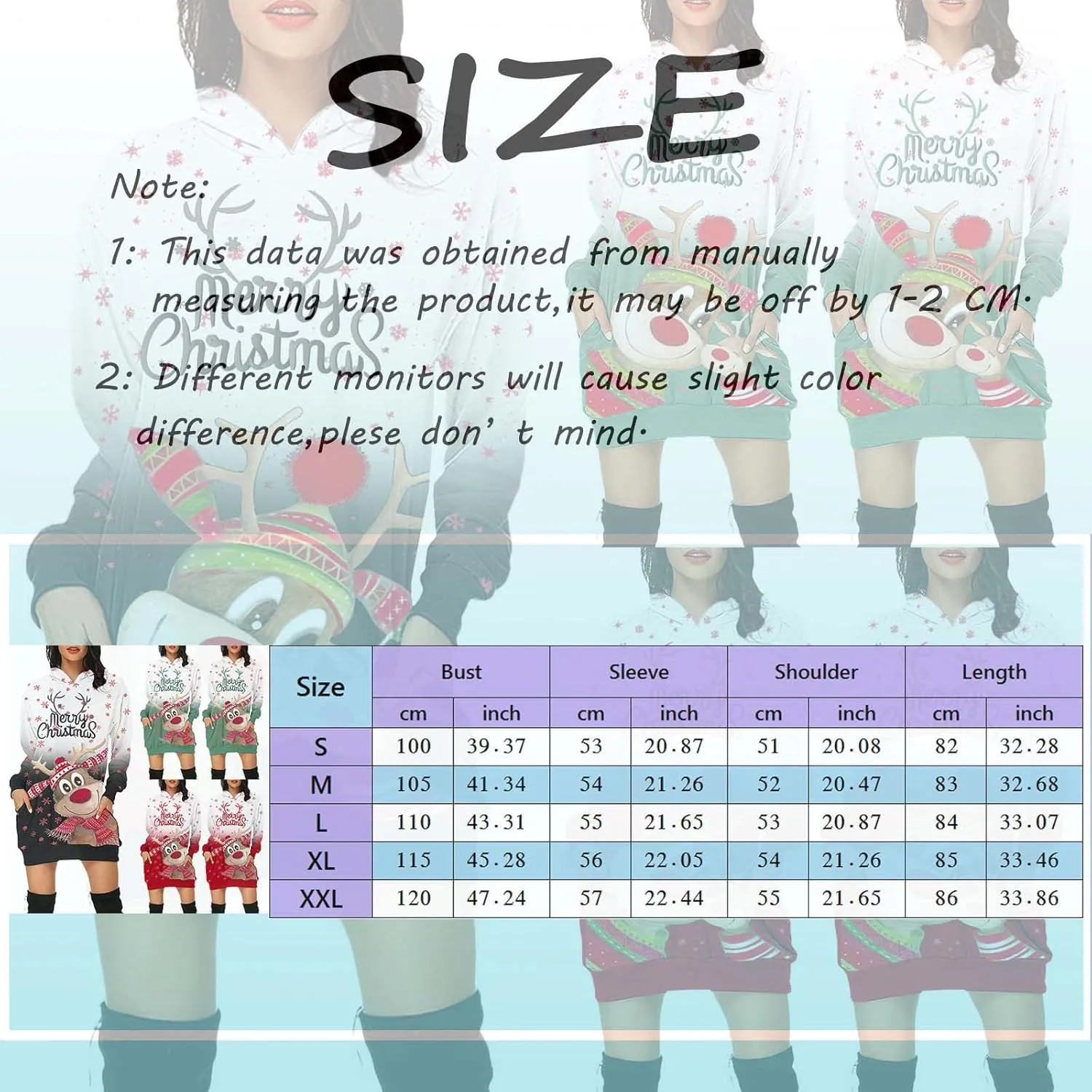 Hoodies Dress for Women Ugly Christmas Print Long Sleeve Casual Loose Long Bodycon Tunic Sweatshirt Dress with Pocket