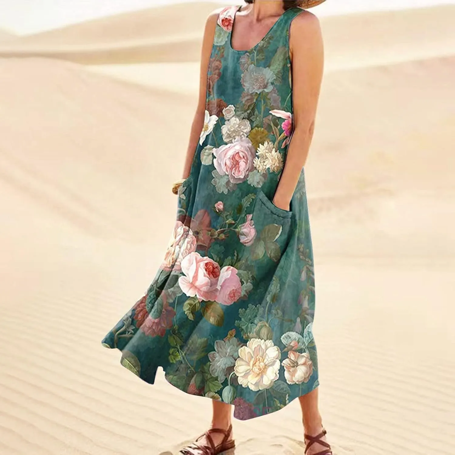 HXHYQKP Plus Size Sundresses for Curvy Women Casual Linen Dress Sleeveless Cotton Linen Pocket Sundress