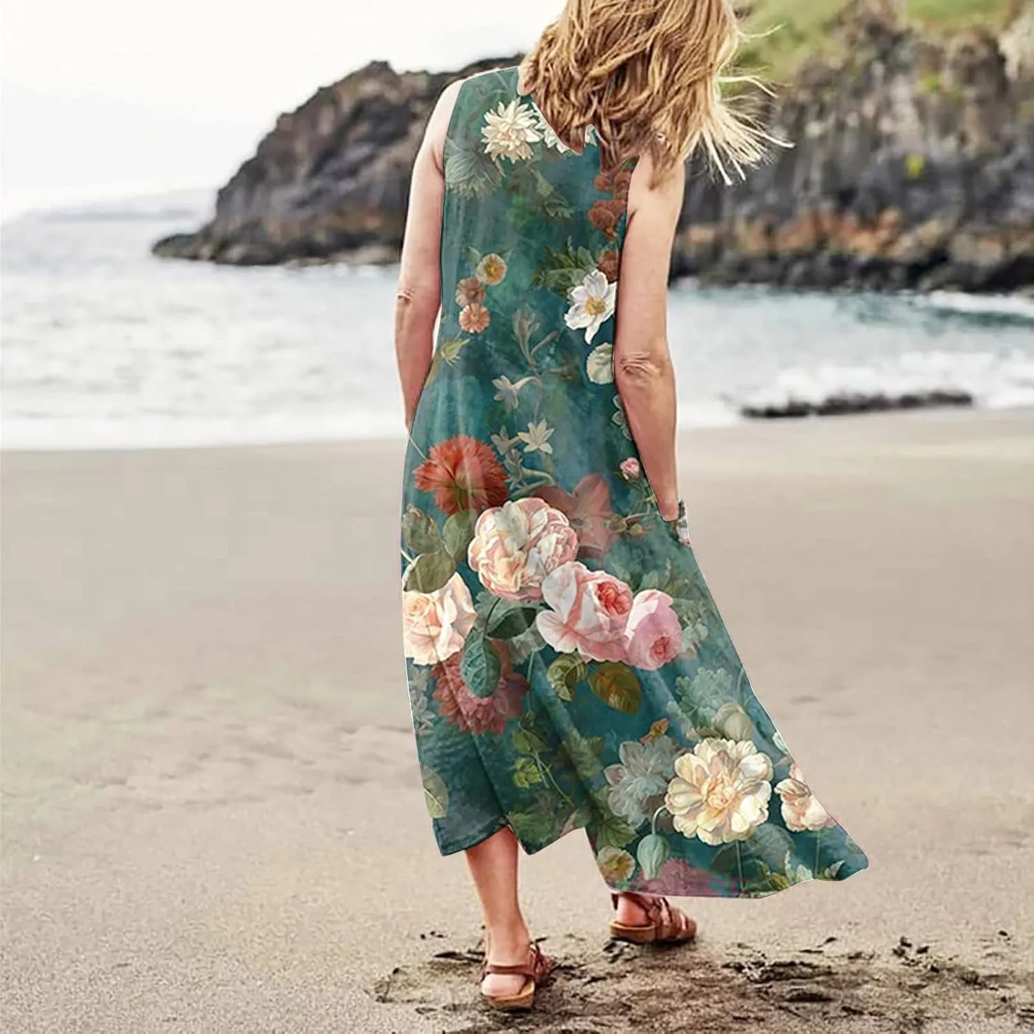 HXHYQKP Plus Size Sundresses for Curvy Women Casual Linen Dress Sleeveless Cotton Linen Pocket Sundress