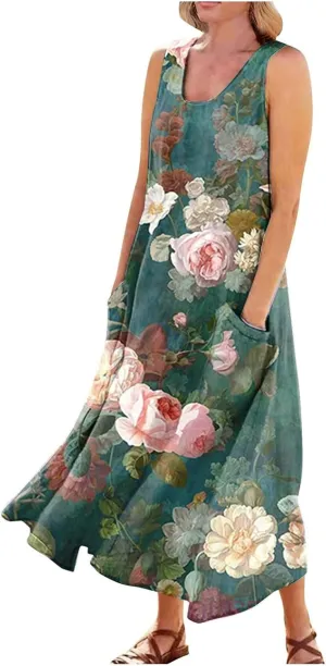 HXHYQKP Plus Size Sundresses for Curvy Women Casual Linen Dress Sleeveless Cotton Linen Pocket Sundress