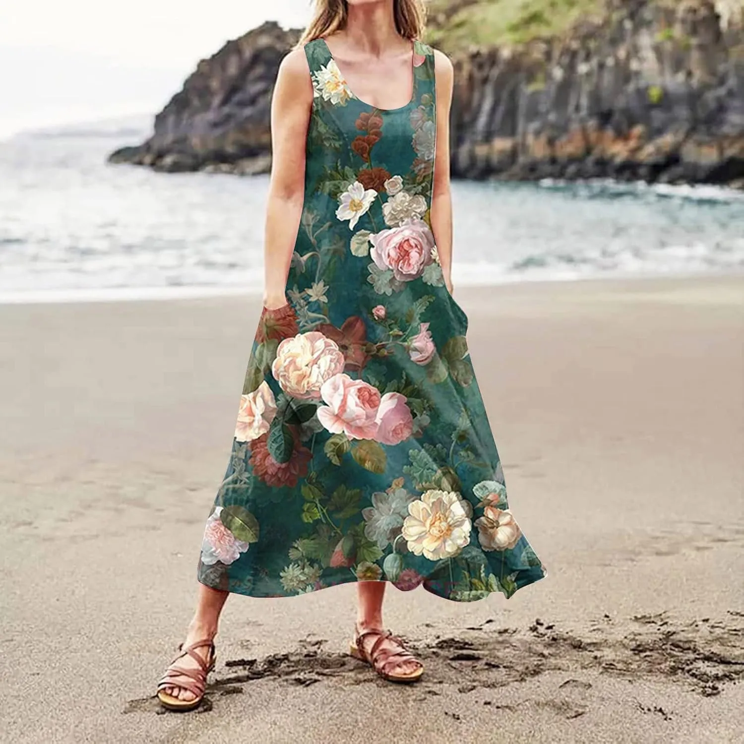 HXHYQKP Plus Size Sundresses for Curvy Women Casual Linen Dress Sleeveless Cotton Linen Pocket Sundress