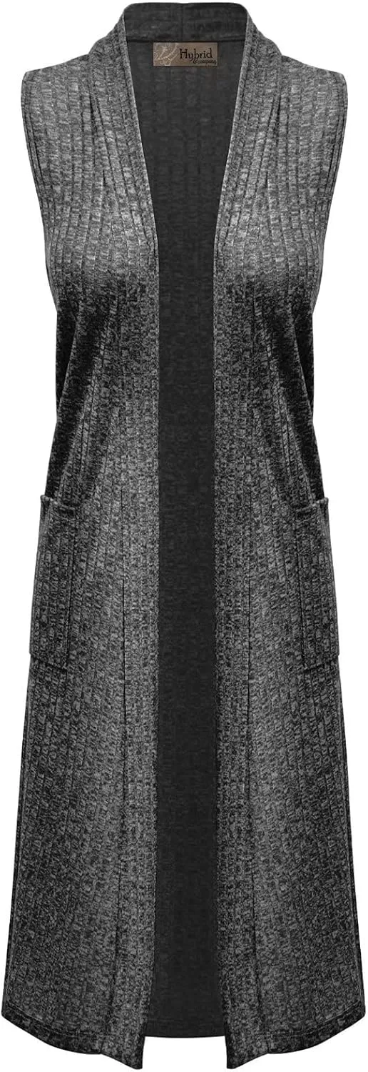 Hybrid & Company Womens Casual Sleeveless Open Front Drape Cardigan