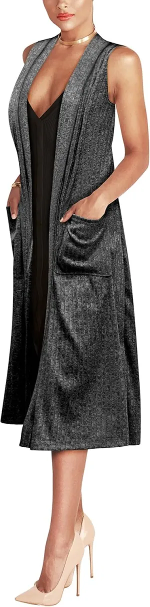 Hybrid & Company Womens Casual Sleeveless Open Front Drape Cardigan