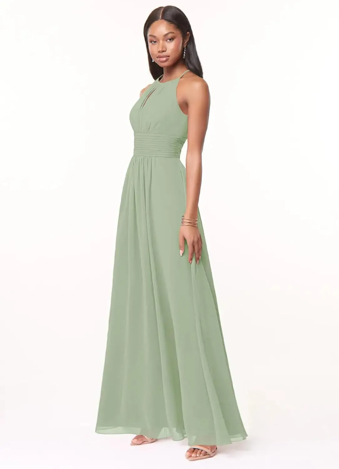 IKMNN Chiffon A Line Bridesmaid Dresses for Women Halter Long Formal Evening Party Dress IK036
