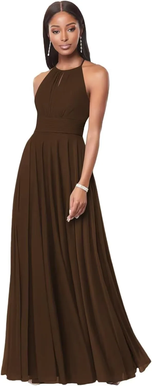 IKMNN Chiffon A Line Bridesmaid Dresses for Women Halter Long Formal Evening Party Dress IK036