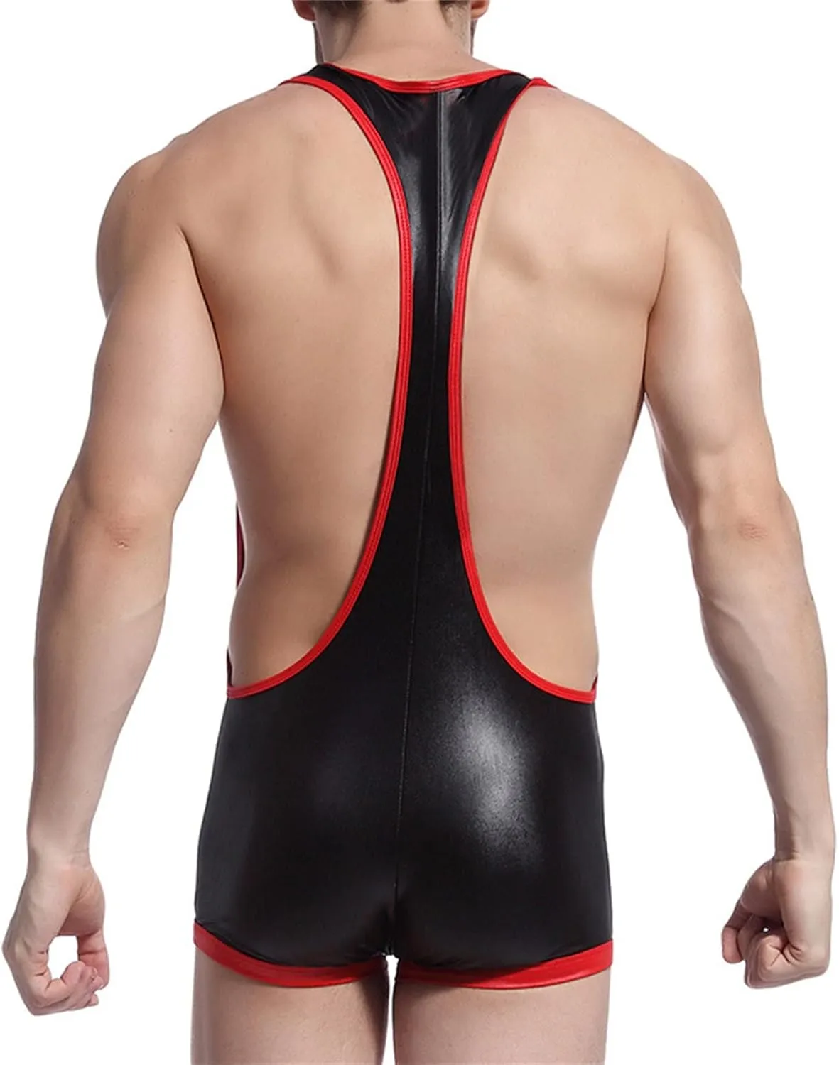 JEShifangjiusu Men Leather Wrestling Singlet Suspender Jockstrap Bodysuit Thong One-Piece Printing Leotard Brief Underwear