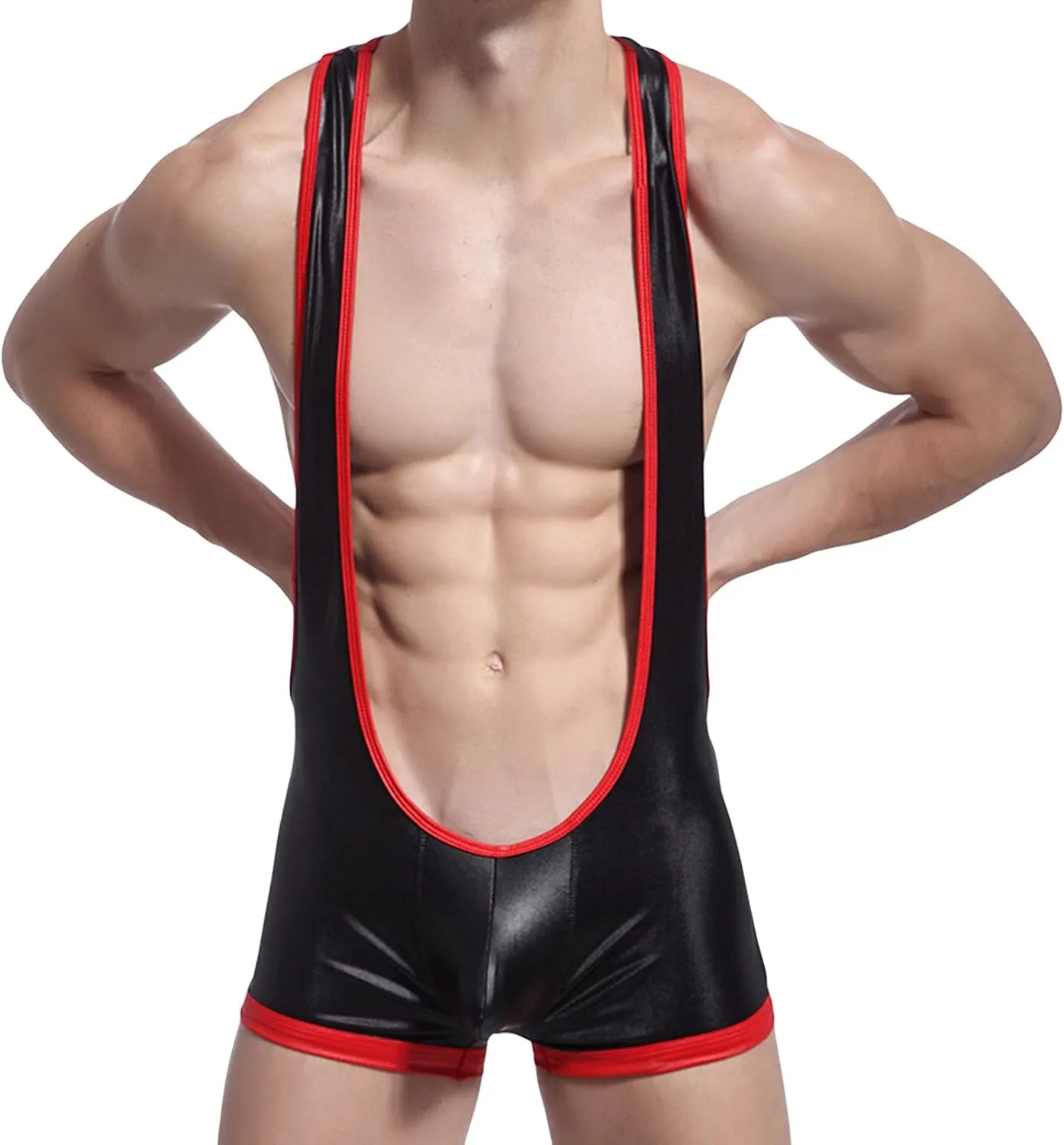 JEShifangjiusu Men Leather Wrestling Singlet Suspender Jockstrap Bodysuit Thong One-Piece Printing Leotard Brief Underwear