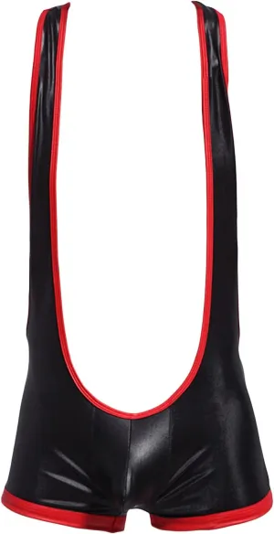 JEShifangjiusu Men Leather Wrestling Singlet Suspender Jockstrap Bodysuit Thong One-Piece Printing Leotard Brief Underwear