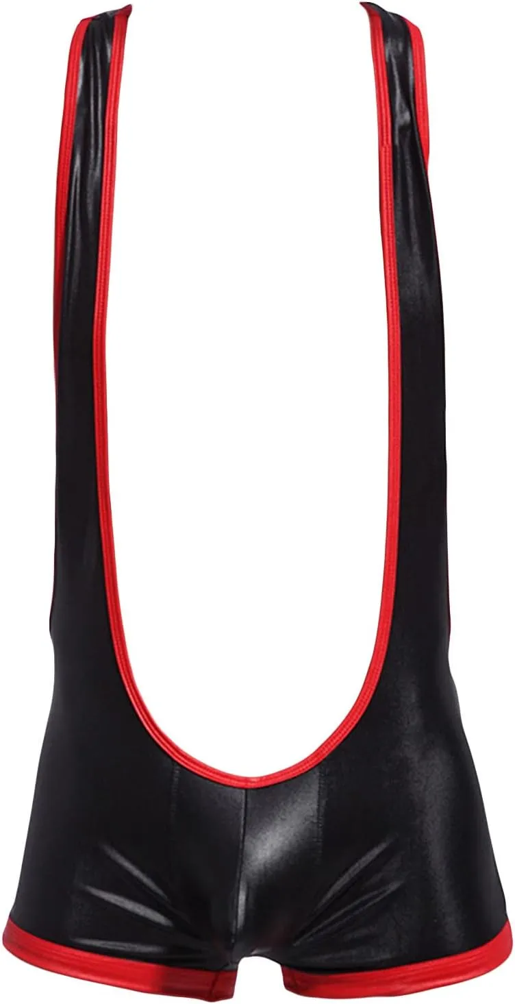 JEShifangjiusu Men Leather Wrestling Singlet Suspender Jockstrap Bodysuit Thong One-Piece Printing Leotard Brief Underwear