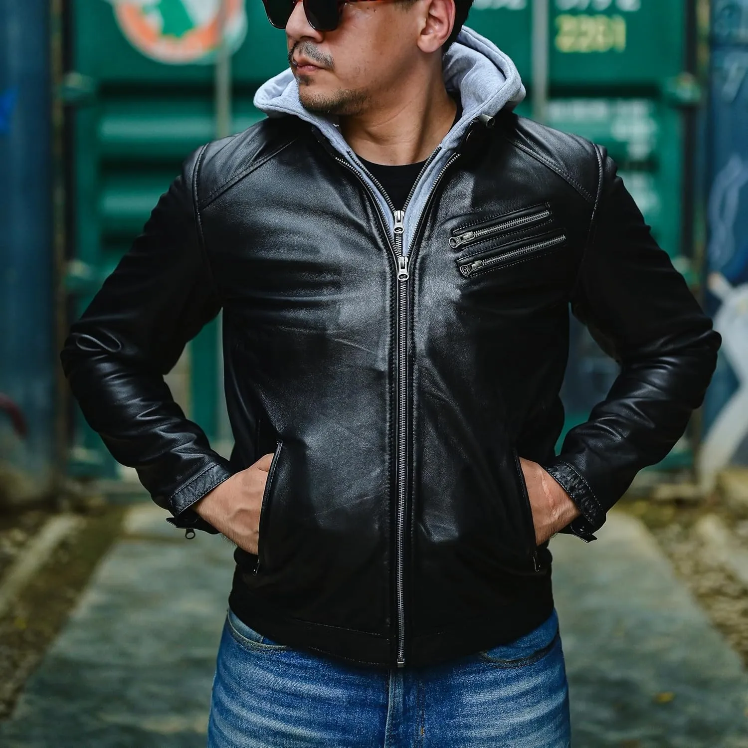 Jild Hooded 2.0 Leather Jacket Men - Genuine Lambskin Leather Bomber Jacket with Removable Hood for Mens Fashion