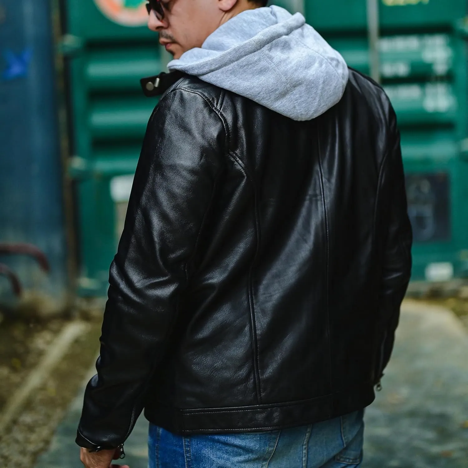 Jild Hooded 2.0 Leather Jacket Men - Genuine Lambskin Leather Bomber Jacket with Removable Hood for Mens Fashion