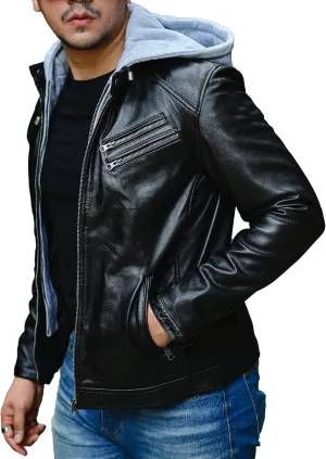 Jild Hooded 2.0 Leather Jacket Men - Genuine Lambskin Leather Bomber Jacket with Removable Hood for Mens Fashion