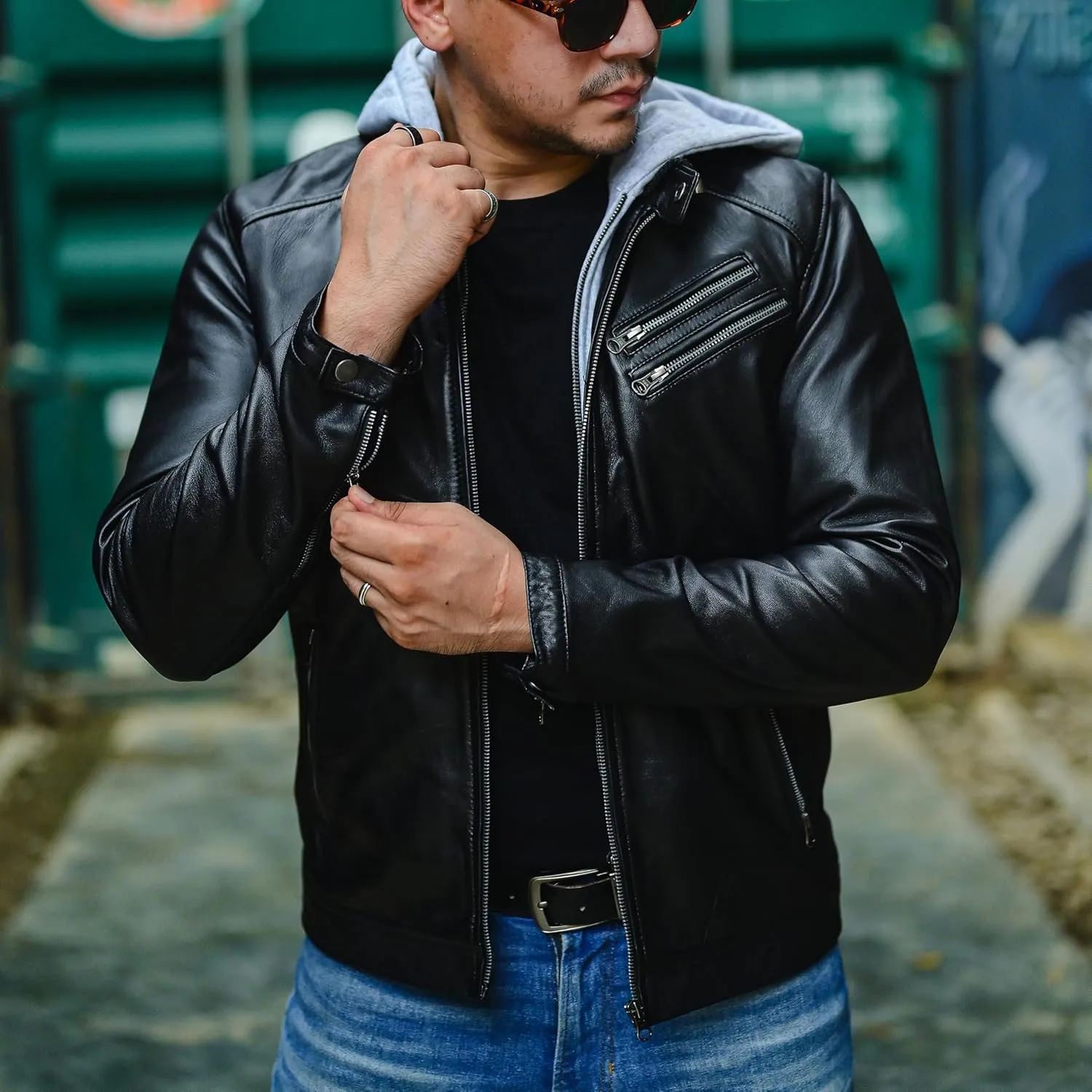 Jild Hooded 2.0 Leather Jacket Men - Genuine Lambskin Leather Bomber Jacket with Removable Hood for Mens Fashion