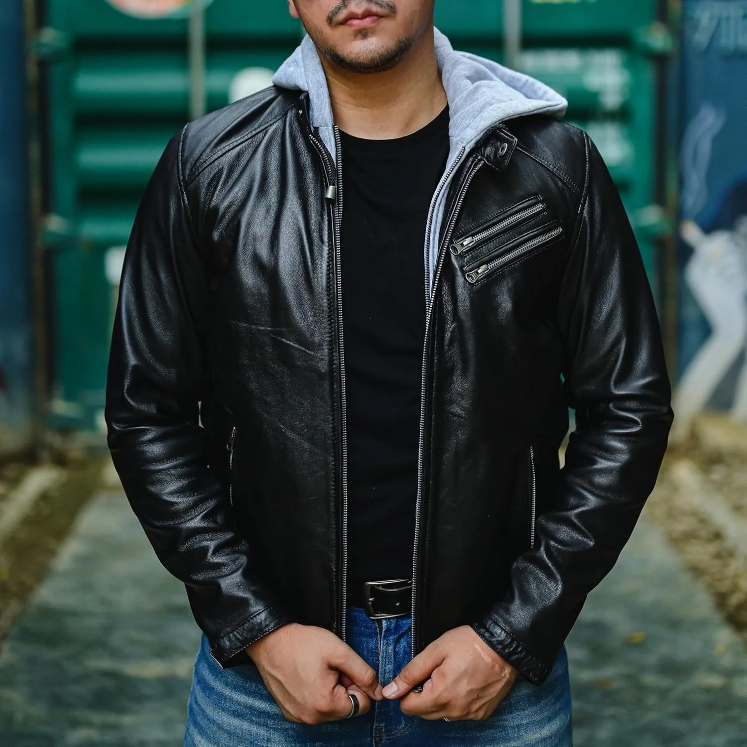 Jild Hooded 2.0 Leather Jacket Men - Genuine Lambskin Leather Bomber Jacket with Removable Hood for Mens Fashion