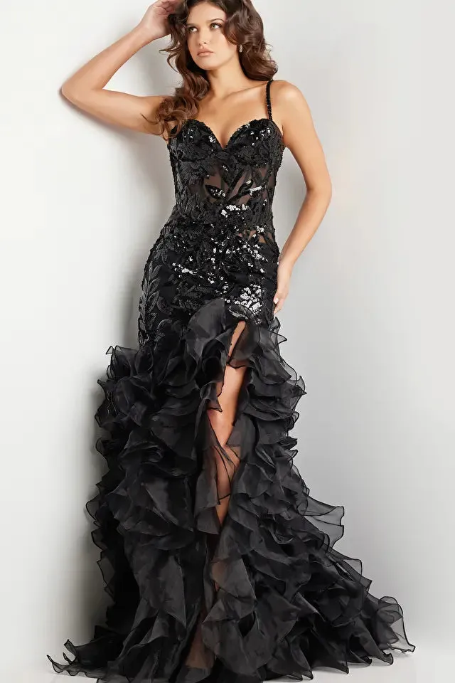 Jovani 38358 Long Prom Dress Mermaid Ruffle Skirt Slit sequin Corset Formal Pageant Gown