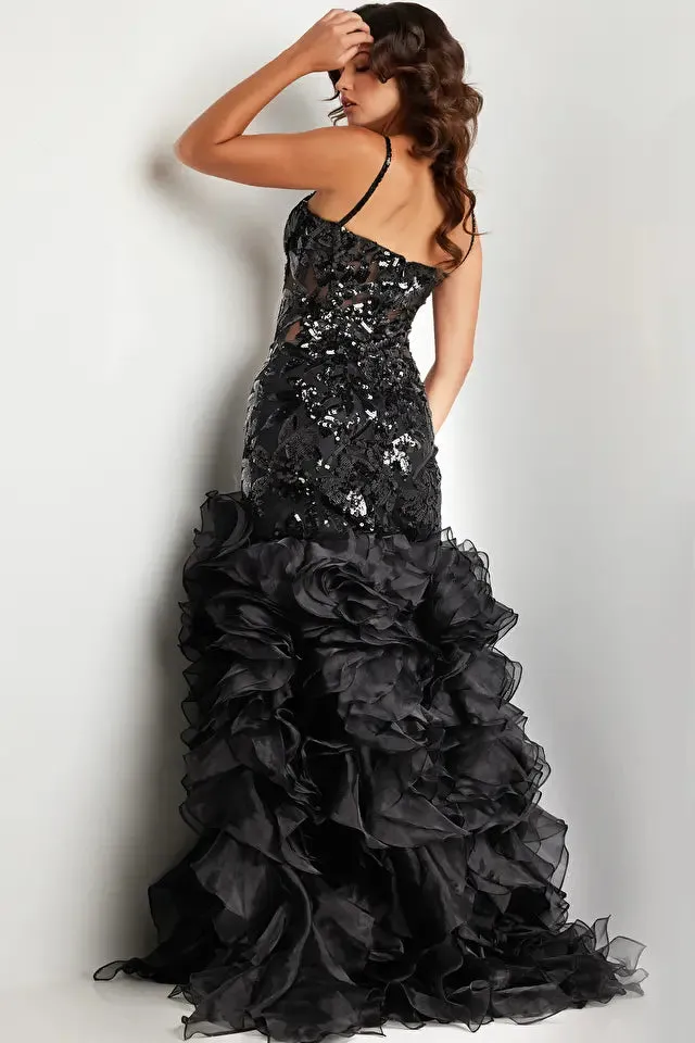 Jovani 38358 Long Prom Dress Mermaid Ruffle Skirt Slit sequin Corset Formal Pageant Gown