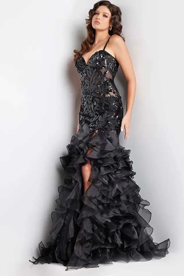 Jovani 38358 Long Prom Dress Mermaid Ruffle Skirt Slit sequin Corset Formal Pageant Gown