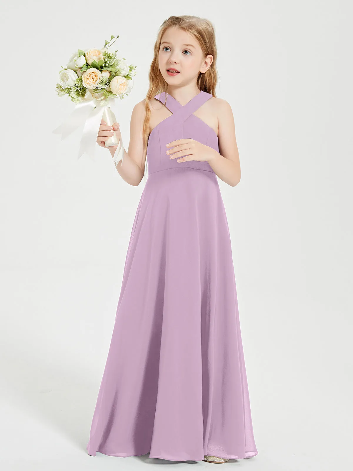 Junior Bridesmaid Dresses Grecian Neckline Floor Length Wisteria