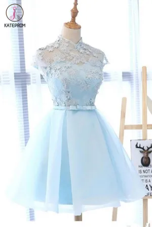 Kateprom A Line High Neck Cap Sleeves Organza Homecoming Dresses with Bowknot KPH0419