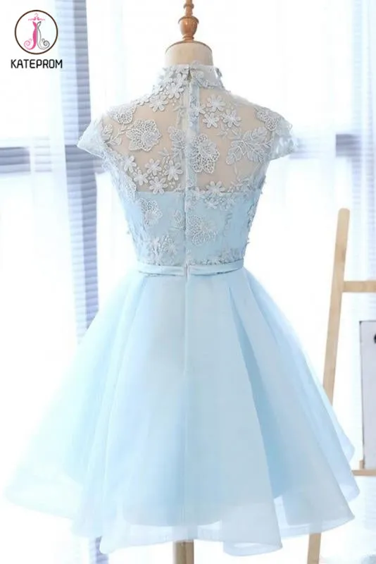Kateprom A Line High Neck Cap Sleeves Organza Homecoming Dresses with Bowknot KPH0419