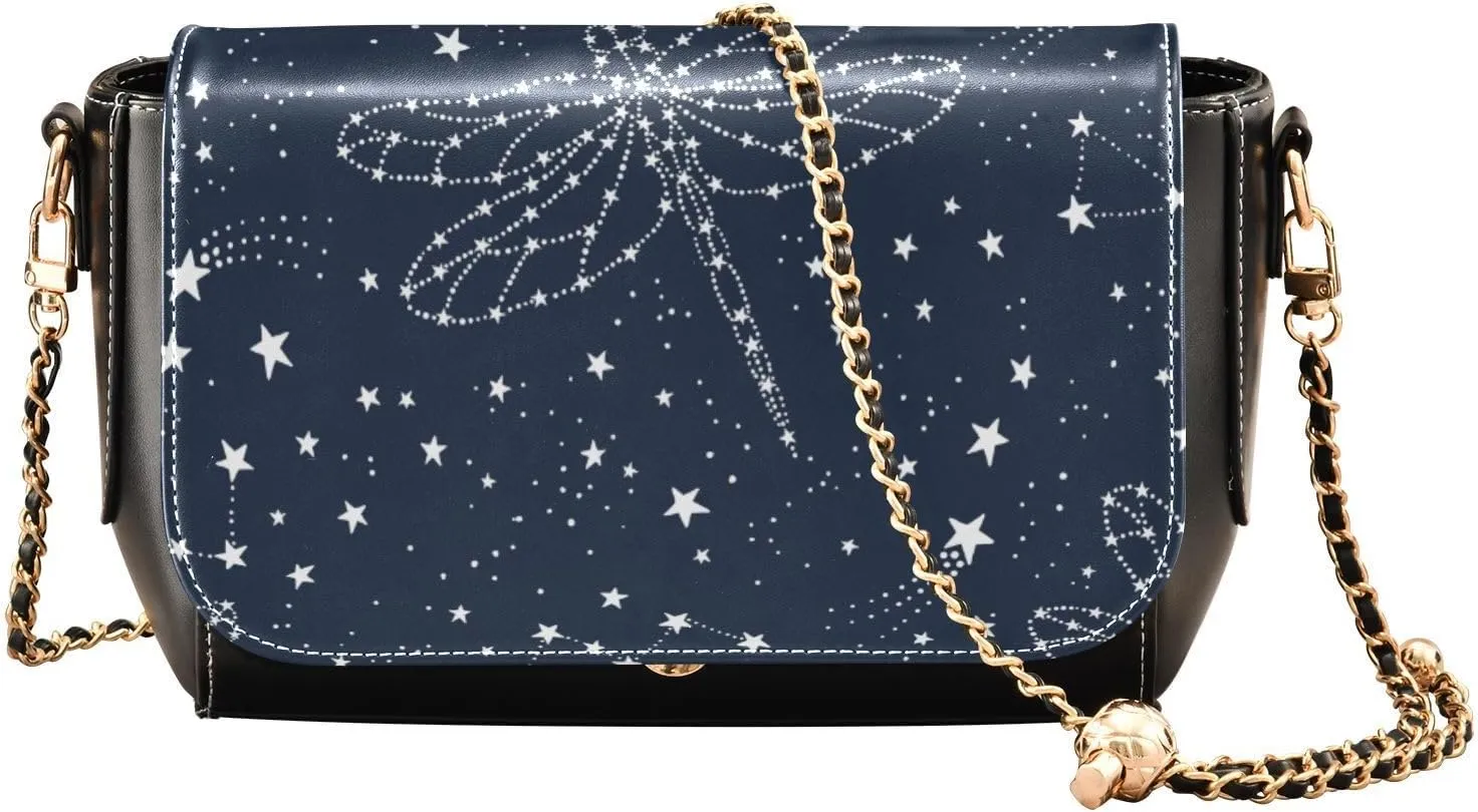 Kigai Dreamy Starry Dragonfly Print Crossbody Bags for Women Retro Cross Body Purse Small PU Leather Shoulder Handbags with Chain Strap